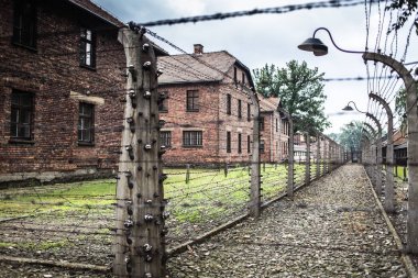 Auschwitz, Polonya - 11 Temmuz 2017.Barracks ve dikenli tel (Polonya) Auschwitz toplama kampında. Müze Auschwitz - Birkenau.Barbed telle bir toplama kampı.