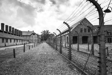 Auschwitz, Polonya - 11 Temmuz 2017.Barracks ve dikenli tel (Polonya) Auschwitz toplama kampında. Müze Auschwitz - Birkenau.Barbed telle bir toplama kampı.