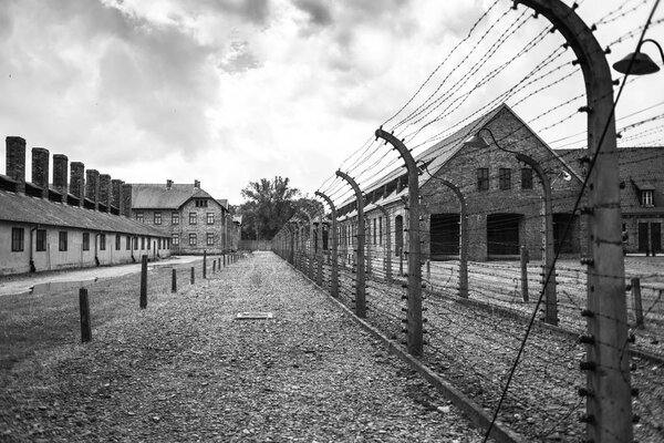 AUSCHWITZ, POLAND - July 11, 2017.Barracks and barbed wire in a concentration camp in Auschwitz (Poland).Museum Auschwitz - Birkenau.Barbed wire around a concentration camp.