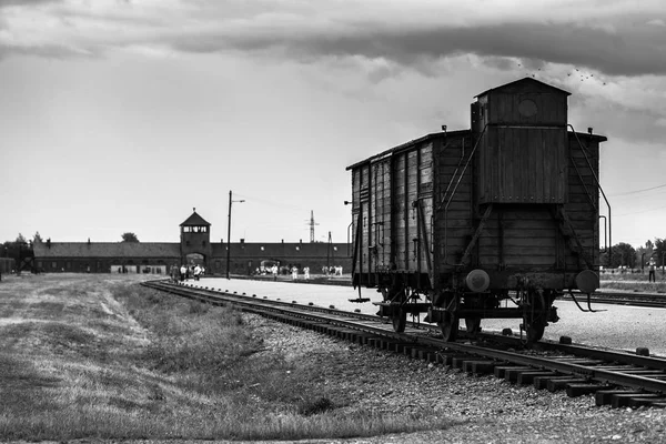 AUSCHWITZ, POLONIA - 11 de julio de 2017.Tren histórico sobre raíles en el campo de concentración Auschwitz Birkenau KZ Polonia, parte del campo de concentración de Auschwitz —  Fotos de Stock