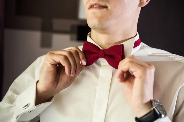 Ropa de mariposa hombre, hombre de negocios poniéndose corbata de lazo. Traje, Manos, cuidado, corbata, para corregir, ajustar, moda, lazo . — Foto de Stock