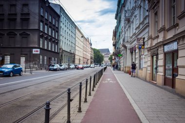 10 Temmuz 2017-Krakow, Polonya - eski şehir merkezi, Krakow Pazar Meydanı, tarihi merkez, antik mimariye sahip bir şehir.