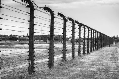 Auschwitz, Polonya - 11 Temmuz 2017.Barracks ve dikenli tel (Polonya) Auschwitz toplama kampında. Müze Auschwitz - Birkenau.Barbed telle bir toplama kampı.