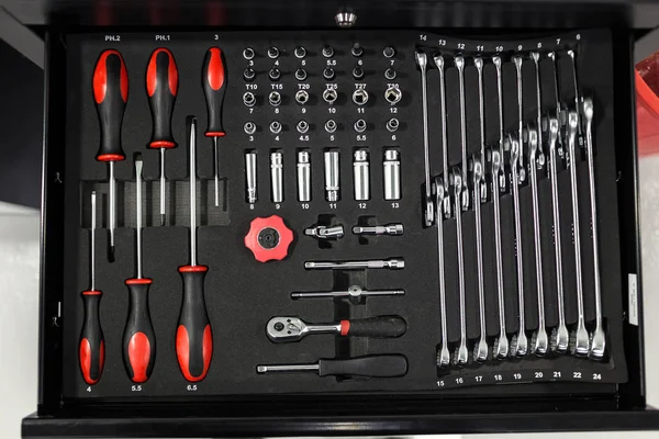tools For repair and diagnostics of cars in the garage Car,set of tools,Tools and wrenchwrench and tools close-up in box,replace automotive spare parts,auto parts,tool service,Toolbox with tools
