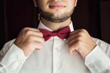 adam kelebek kıyafetler, papyon üzerinde koyarak işadamı. Takım elbise, eller, bakım, kravat düzeltmek için ayarlamak, moda, yay için.
