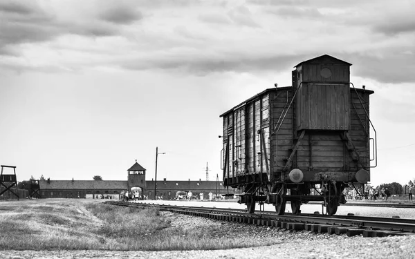 AUSCHWITZ, POLONIA - 11 luglio 2017 Treno storico su rotaie al campo di concentramento Auschwitz Birkenau KZ Polonia, parte del campo di concentramento di Auschwitz — Foto Stock