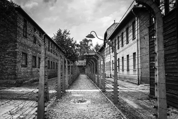 AUSCHWITZ, POLOGNE - 11 juillet 2017.Casernes et barbelés dans un camp de concentration à Auschwitz (Pologne) .Musée Auschwitz - Birkenau.Barbelés autour d'un camp de concentration . — Photo