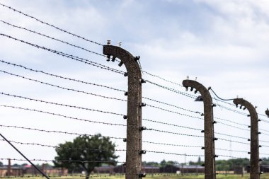 Auschwitz, Polonya - 11 Temmuz 2017.Barracks ve dikenli tel Müzesi'nde bir konsantrasyon kampında 