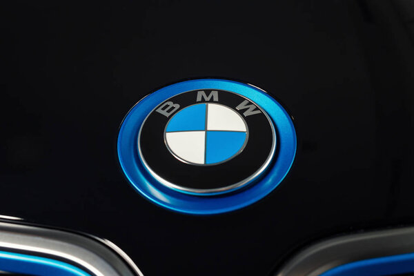 20 of January, 2018 - Vinnitsa, Ukraine. BMW i3 electric vehicle model presentation in showroom - logo