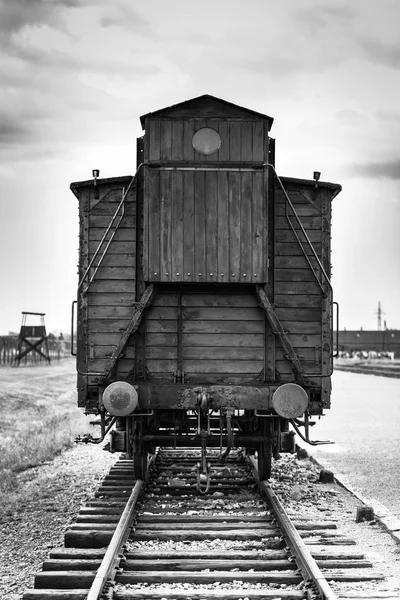 Auschwitz, Lengyelország - július 11-én, 2017. A koncentrációs tábor, Auschwitz-Birkenau sínek történelmi vonat — Stock Fotó