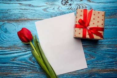 Anne kadın gün Paskalya kırmızı lale çiçek en az arka plan kopya alanı ile bahar