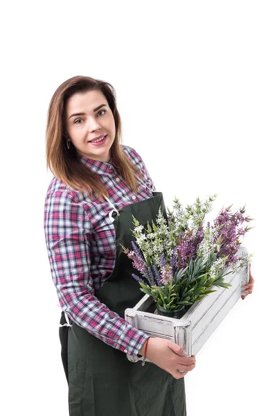 Ritratto di donna sorridente giardiniere professionista o fiorista in grembiule che tiene albero in una pentola isolata su sfondo bianco — Foto Stock