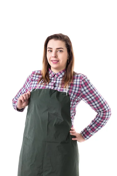 Retrato de mulher sorridente profissional jardineiro ou florista em avental isolado em fundo branco — Fotografia de Stock