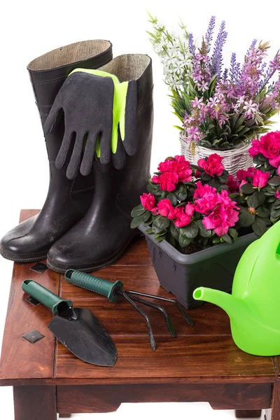 Tuinieren hulpmiddelen en bloemen zoals de gieter, laarzen rubber, vazen, potten, handschoenen geïsoleerd op witte achtergrond — Stockfoto