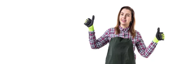 Retrato de mujer sonriente jardinero profesional o florista en delantal aislado sobre fondo blanco. Copiar espacio — Foto de Stock