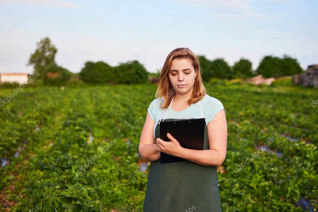 Woman farmer working in a strawberry field. Biologist inspector examines strawberry bushes