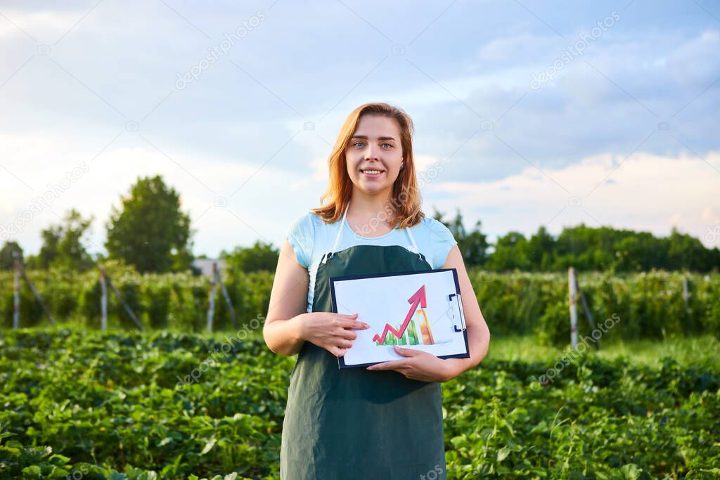 Woman farmer working in a strawberry field. Biologist inspector examines strawberry bushes and shows the level of crop growth using infographics