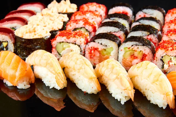 Various Kinds Sushi Roll Set Served Black Stone Japanese Food — Stock Photo, Image