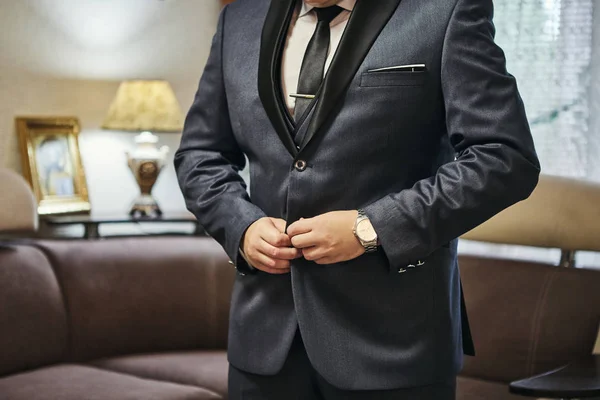 Businessman Wears Jacket Male Hands Closeup Groom Getting Ready Morning — Stock Photo, Image