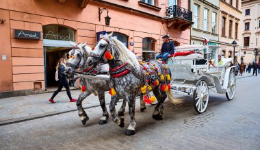 Krakow, Polonya - 10 Mayıs 2019: Krakow, Polonya 'daki eski bir kasabanın caddesinde at arabası. Güzel, eski moda bir arabada iki at, turistler için eğlence gezisi..
