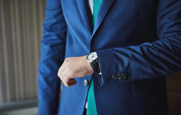 Businessman Checking Time His Wrist Watch Man Putting Clock Hand — Stock Photo, Image