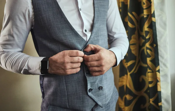 Businessman Wears Jacket Male Hands Closeup Groom Getting Ready Morning — Stock Photo, Image