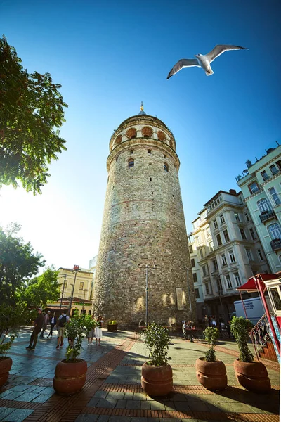 İstanbul, Türkiye - 12 Ekim 2019: Galata Kulesi ve eski kentteki sokak. Beyoğlu 'nun Avrupa yakasındaki antik Türk simgesi. Eski Konstantinopolis mimarisi.