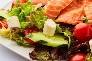 Sağlıklı sebze salatası ve füme somon. Buda kasesi, diyet konsepti. 