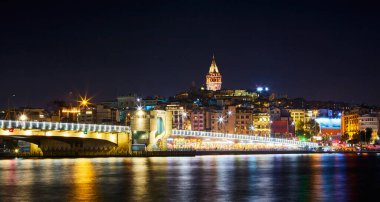 ISTANBUL / TURKEY - 13 Ekim 2019: Borphorus ve Galata Köprüsü 'nün gökyüzü manzarası. Eminonu, İstanbul 'un en popüler eğlence ve seyahat merkezleridir.