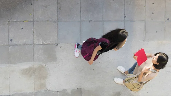 Top vista aérea adolescente meninas falar e encontrar-se no caminho pedestre — Fotografia de Stock