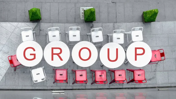 top view of white circle table and chairs at outdoor with word \