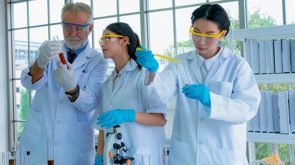 Eine Gruppe Wissenschaftler Mit Weißem Kittel Bereitet Chemische Testflüssigkeit Mit — Stockfoto