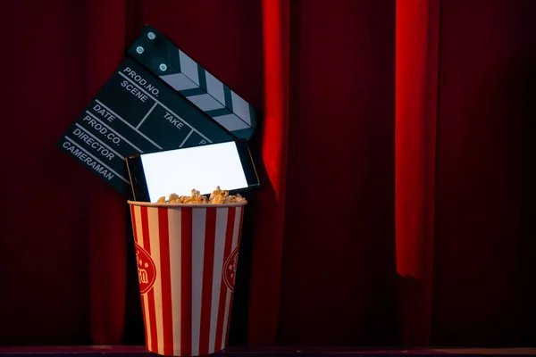 Mobile Phone Empty White Bright Screen Popcorn Bucket Movie Clapper — Stock Photo, Image