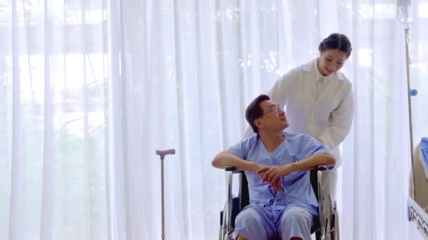 Sick Elderly Asian Senior Man Sitting Wheelchair Hospital Woman Doctor — Stock Video