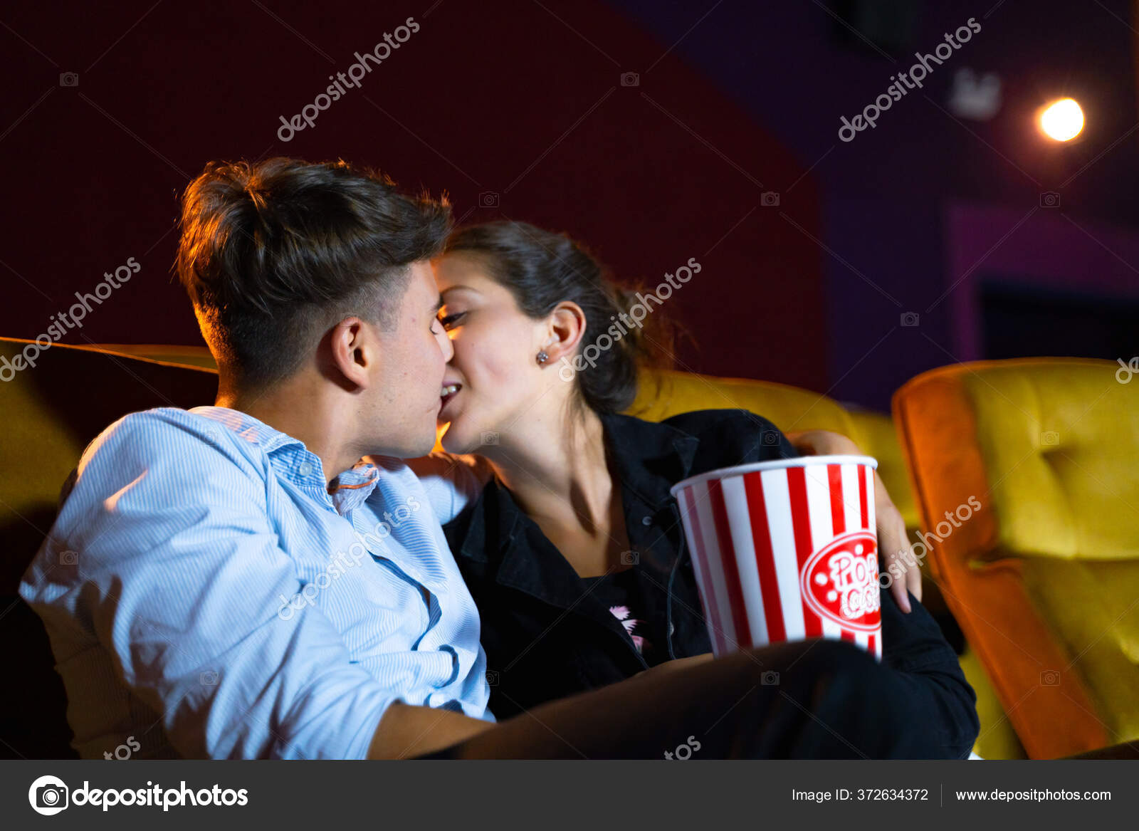 Young Couple People Kissing Movie Theater Hand Holding Snack