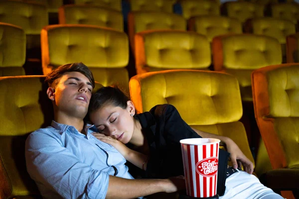 Couple People Love Sleeping Movie Showing Movie Theater Empty Seats — Stock Photo, Image
