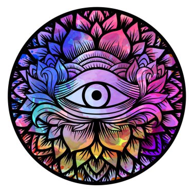 Hat sanatı Boho chic tarzı çizim çiçek mandala zentangle el ile üçüncü göz. Yetişkin renklendirme kitap ve meditasyon için rahatla. Suluboya, tebeşir, pastel, doku olacaklar. T-shirt tasarım. Vektör