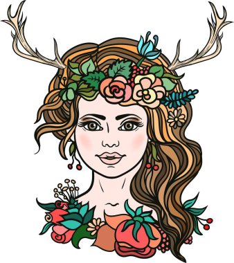 Tanrıça geyik boynuzları. Çelenk çiçekler ve bitkiler ile orman perisi. Dövme, boyama. El çekilmiş çiçek zentangle desen. Boho chic Hipster hippi tasarım. T-shirt tasarım. Vektör