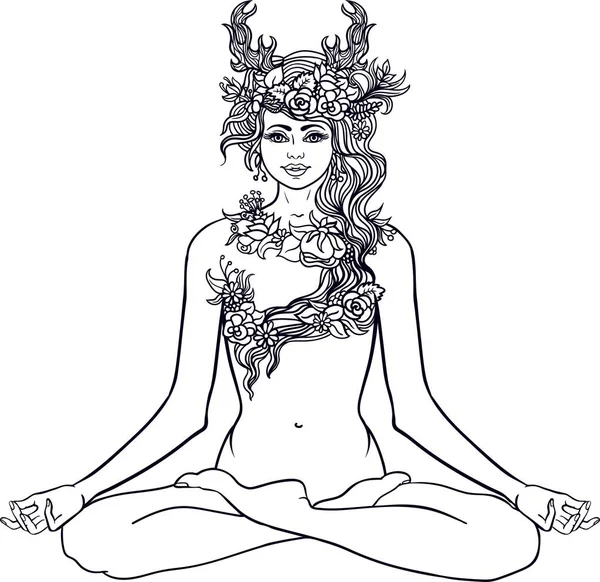 Dewi Dengan Tanduk Rusa Duduk Yoga Lotus Meditasi Pose Forest - Stok Vektor