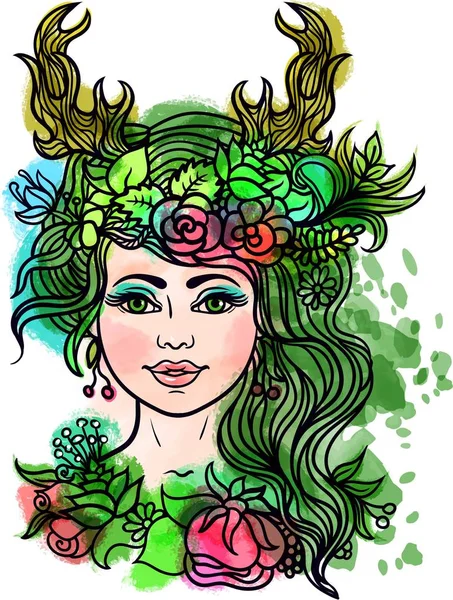 Dewi Dengan Rusa Horns Forest Nmph Dengan Karangan Bunga Dan - Stok Vektor