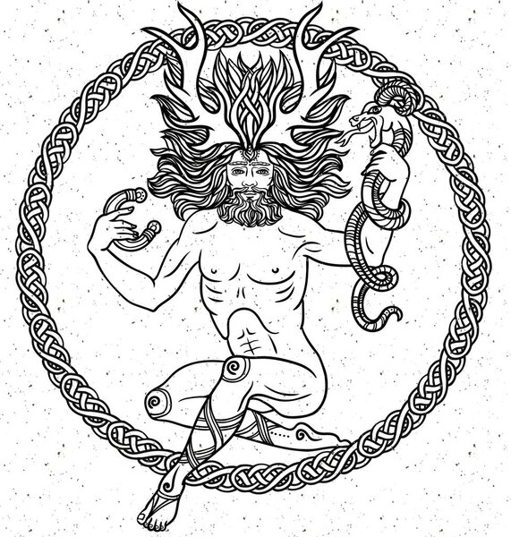 Ancient deity with deer antlers.Forest and Nature Spirit.male deity.Celtic shaman with horns and a snake in his hand.Tattoo,coloring.Hand drawn zentangle pattern.Boho chic Hipster Hippie design.Vector