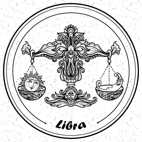 Detailed Libra in aztec filigree line art zentangle style. Tattoo, coloring page for adult. T-shirt design. Zodiac Libra tribal, decorative wool pattern. Vector