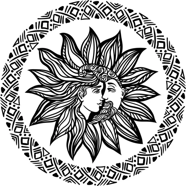 Mano Bohemia Dibujada Sol Luna Diseño Tatuaje Ilustración Vectorial Símbolo — Vector de stock