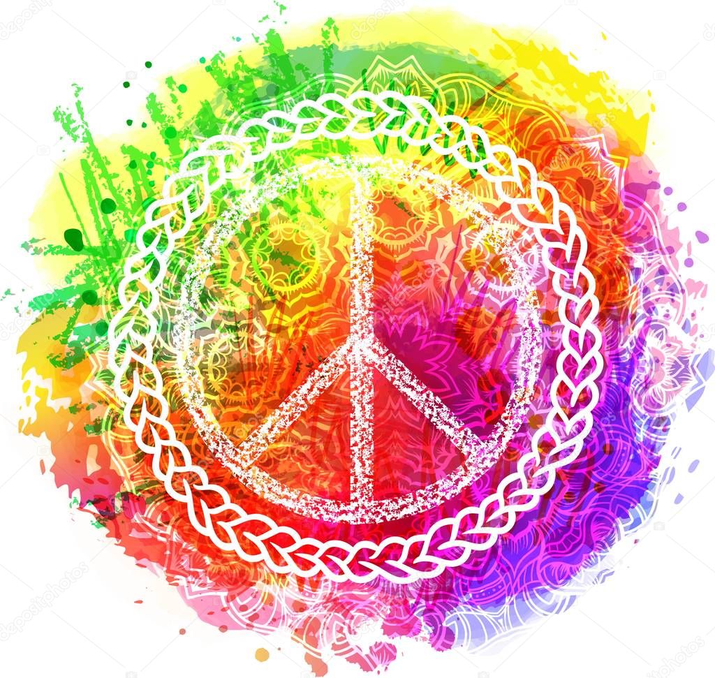 Peace Hippie Symbol over colorful rainbow background. Vector illustration for t-shirt print over Abstract watercolor,chalk, pastels texture background.International Day of Peace poster. Dotwork tattoo