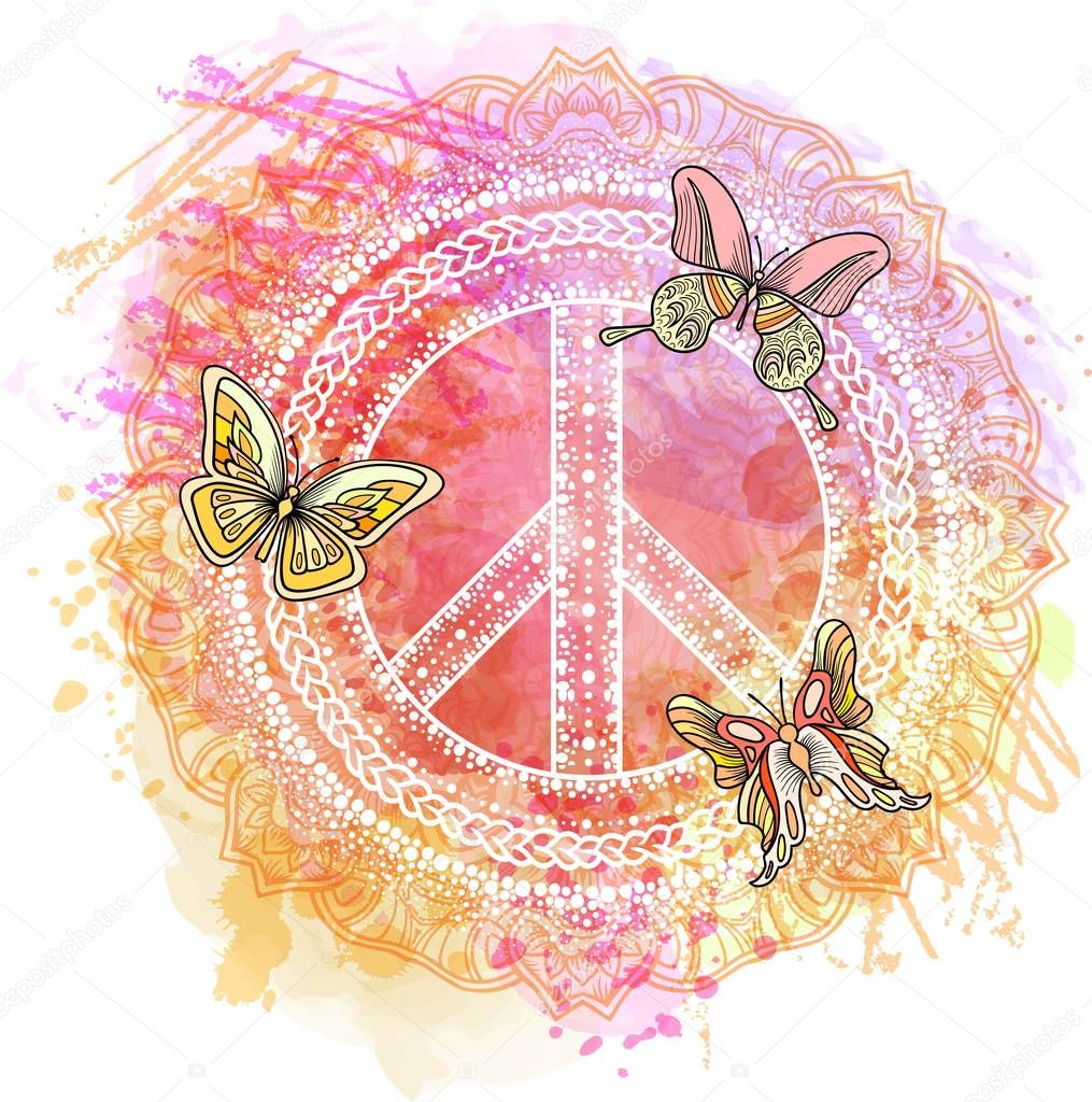 Peace Hippie Symbol over colorful background. Vector illustration for t-shirt print over Abstract watercolor,chalk, pastels texture background.