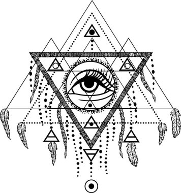 Siyahişi tattoo flash. Dreamcatcher üçüncü göz, tüyler ve üçgen piramit. Vektör. Dövme tasarım, mistik sembol. Yeni okul dotwork. Boho hippi tarzı. Navajo takı süslemeleri.