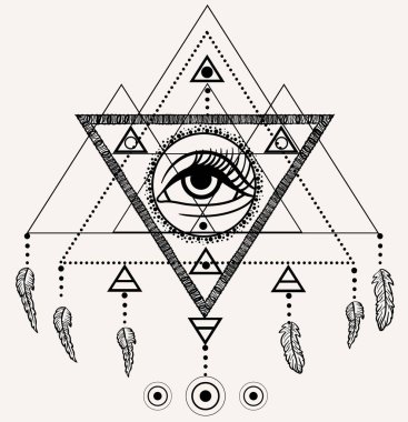 Siyahişi tattoo flash. Dreamcatcher üçüncü göz, tüyler ve üçgen piramit. Vektör. Dövme tasarım, mistik sembol. Yeni okul dotwork. Boho hippi tarzı. Navajo takı süslemeleri.