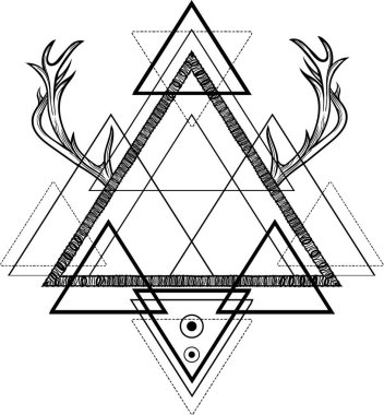 Siyahişi tribal dövme. Arka plan Dreamcatcher, üçgenler ve geyik boynuzları ile. Geyik boynuzları. Vector.Mystic. Kutsal geometri dotwork. Boho yenilikçi tasarım. Navajo takı süslemeleri. T-shirt baskı