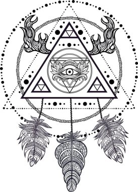 Siyahişi tattoo flash. Üçüncü göz, tüyler ve geyik boynuzları ile düş kapanı. Vektör. Dövme tasarım, mistik sembol. Yeni okul dotwork. Boho yenilikçi tasarım. Baskı, poster, tişört ve Tekstil.