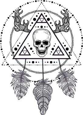 Siyahişi tattoo flash. İnsan kafatası, tüyler ve geyik boynuzları ile düş kapanı. Vektör. Dövme tasarım, mistik sembol. Yeni okul dotwork. Boho yenilikçi tasarım. Baskı, poster, tişört ve Tekstil.